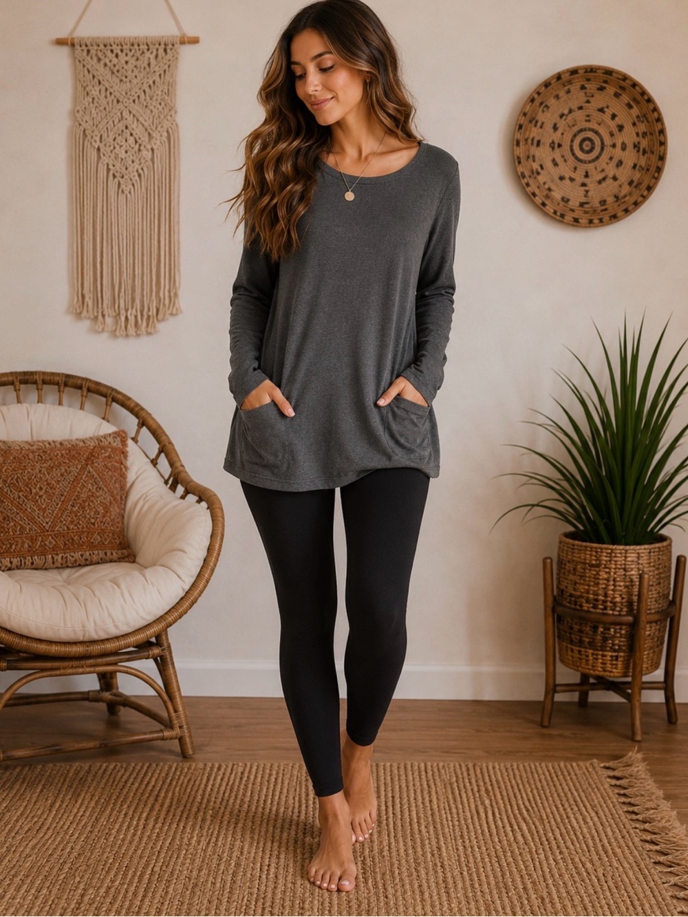 Pure Jill Charcoal Long-Sleeve Pocket Tunic Size Large